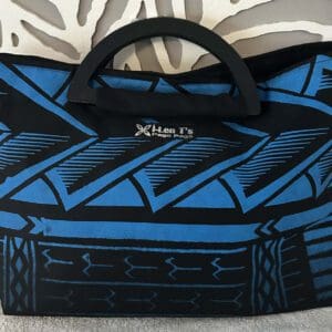 Blue and black geometric patterned tote bag