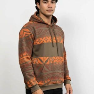 Young man wearing brown orange patterned hoodie
