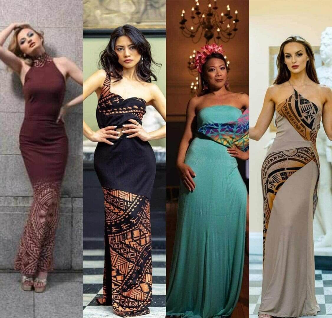 Four women wearing elegant, patterned dresses.