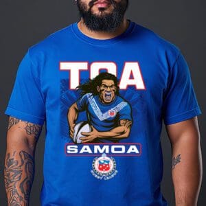 Bearded man wearing Samoa rugby t-shirt