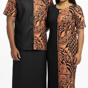 Smiling couple in matching Polynesian print outfits