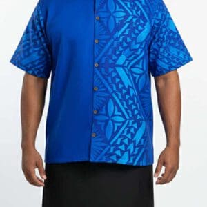 Man in blue patterned shirt and black sarong