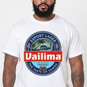 Man wearing Vailima export lager T-shirt.