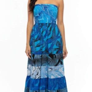 Woman wearing strapless blue patterned maxi dress