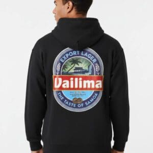 Back view black hoodie with Vailima logo