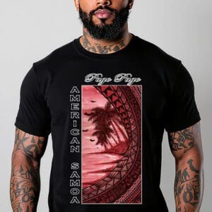 Bearded tattooed man in American Samoa graphic tee