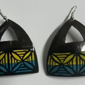 Black triangular earrings with yellow and teal pattern
