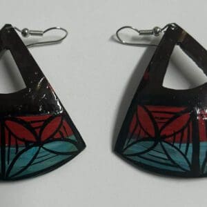Pair of triangular earrings with red teal pattern