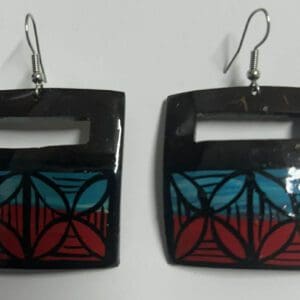 Black square earrings with red and blue pattern