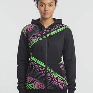 Woman wearing black hoodie with green pink accents