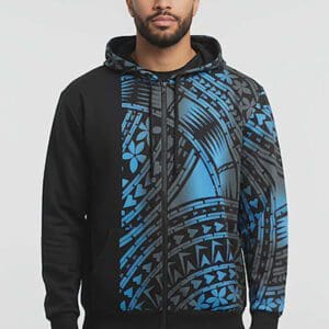 Man wearing black hoodie with blue tribal pattern