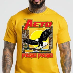 Man in yellow Aeto Pago Pago t-shirt