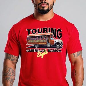 Man wearing red American Samoa touring shirt