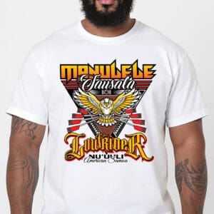 Bearded man wearing white t-shirt with eagle graphic