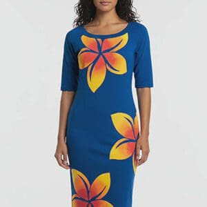 Model wearing blue dress with oversized flowers