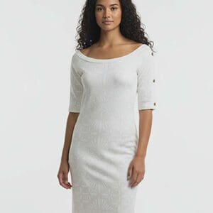 Woman wearing white off-shoulder fitted dress