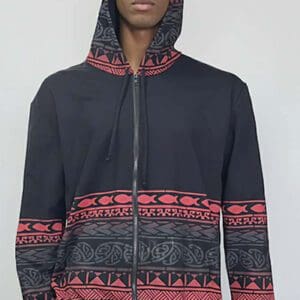 Black zip hoodie featuring red tribal patterns