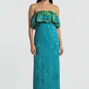 Model wearing teal strapless ruffled maxi dress