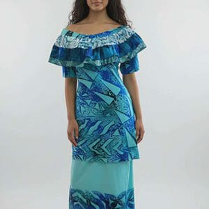 Model wearing turquoise patterned off-shoulder dress
