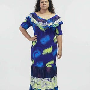 Woman wearing blue ruffled off-shoulder dress