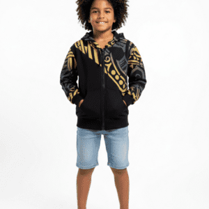 Smiling boy in patterned hoodie and shorts