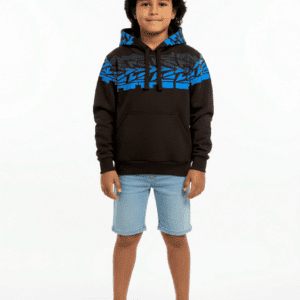 Boy in black hoodie and denim shorts