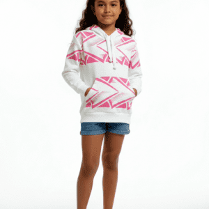 Smiling girl in pink geometric hoodie and shorts