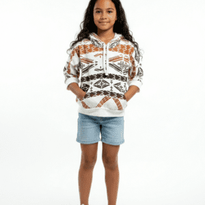 Person in patterned hoodie, denim shorts, sneakers