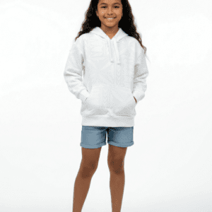 Smiling girl in white hoodie and denim shorts