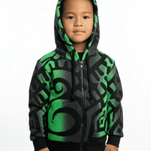 Child in green and black patterned hoodie