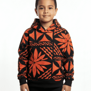 Child wearing black and orange floral hoodie