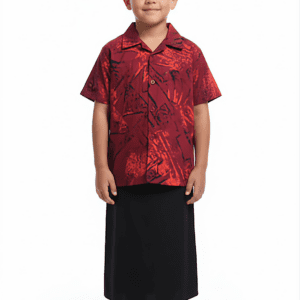 Boy in red patterned shirt and black sarong
