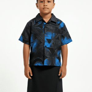 Boy in black and blue patterned shirt
