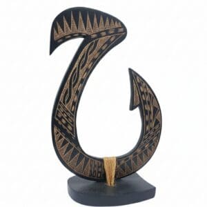 Polynesian carved wooden fish hook sculpture