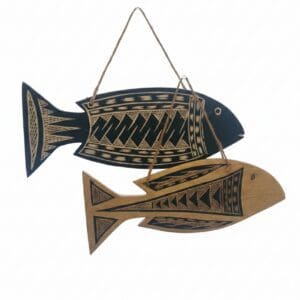 paired hanging wooden fish wall decor