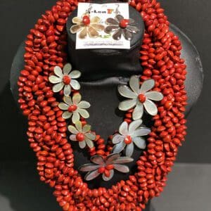 Red beaded statement necklace with shell flower pendants