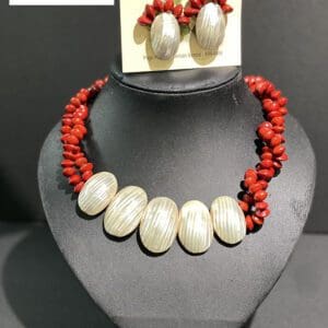 Coral bead necklace and matching earrings