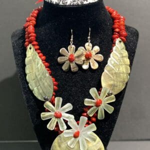 Red-beaded shell floral necklace and earrings