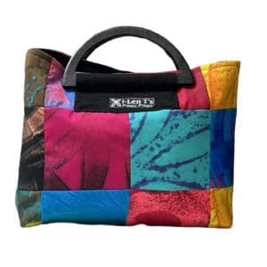Multicolored patchwork handbag with wooden handle