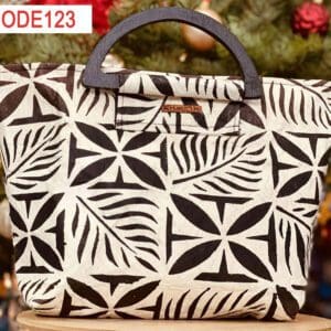 Leaf-pattern canvas tote with wooden handles